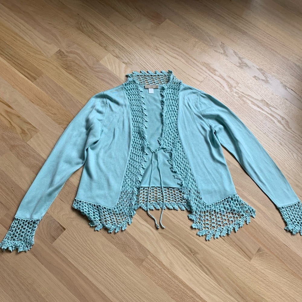 100% silk cardigan top blue lace sz small medium S / M